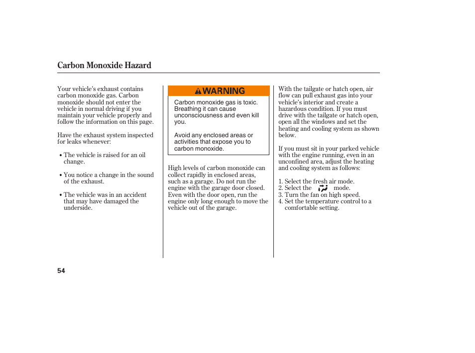 Carbon monoxide hazard | HONDA 2008 Element User Manual | Page 60 / 282