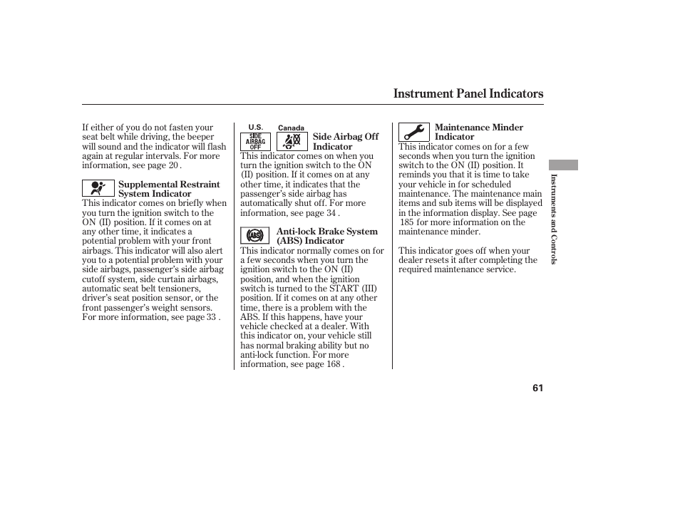 Instrument panel indicators | HONDA 2008 Element User Manual | Page 67 / 282