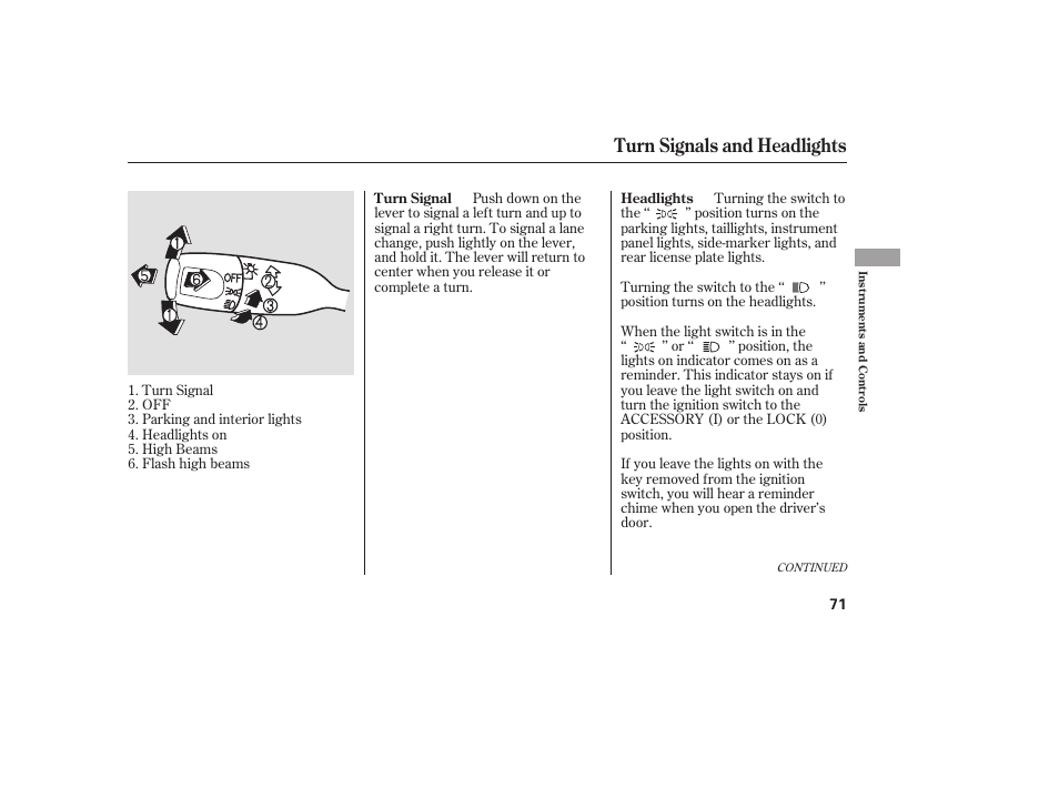 Turn signals and headlights | HONDA 2008 Element User Manual | Page 77 / 282