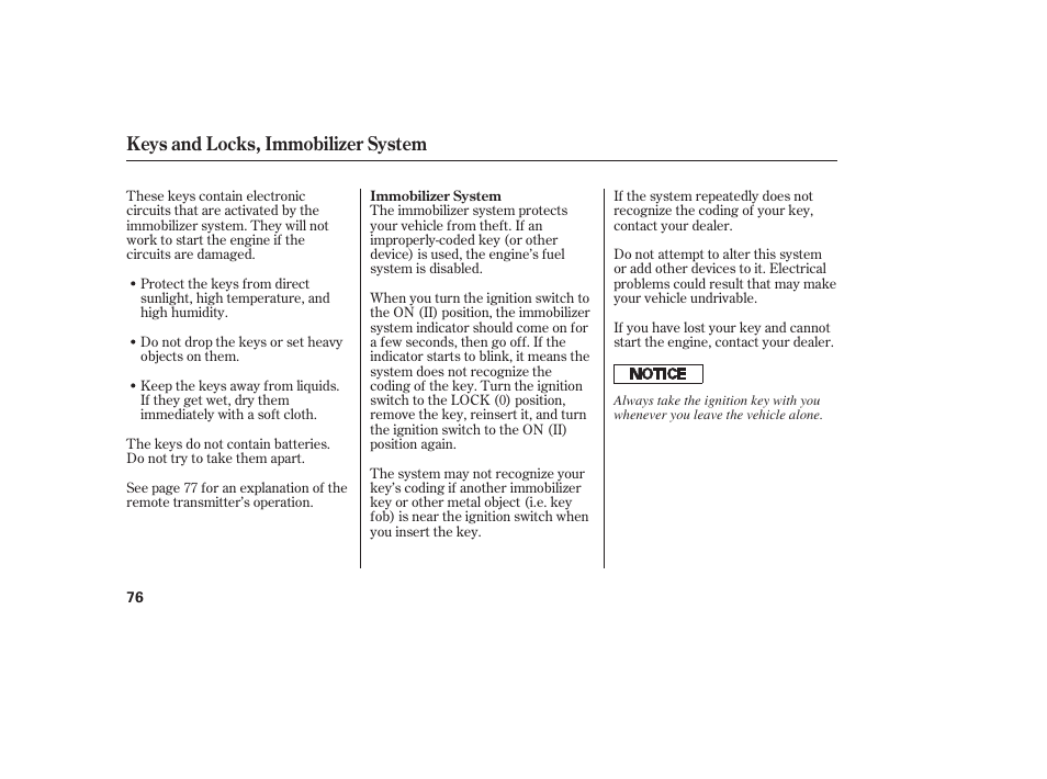 Keys and locks, immobilizer system | HONDA 2008 Element User Manual | Page 82 / 282