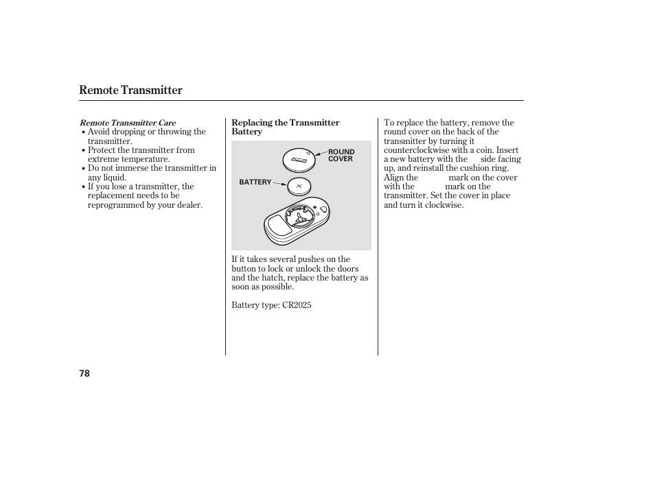 Remote transmitter | HONDA 2008 Element User Manual | Page 84 / 282