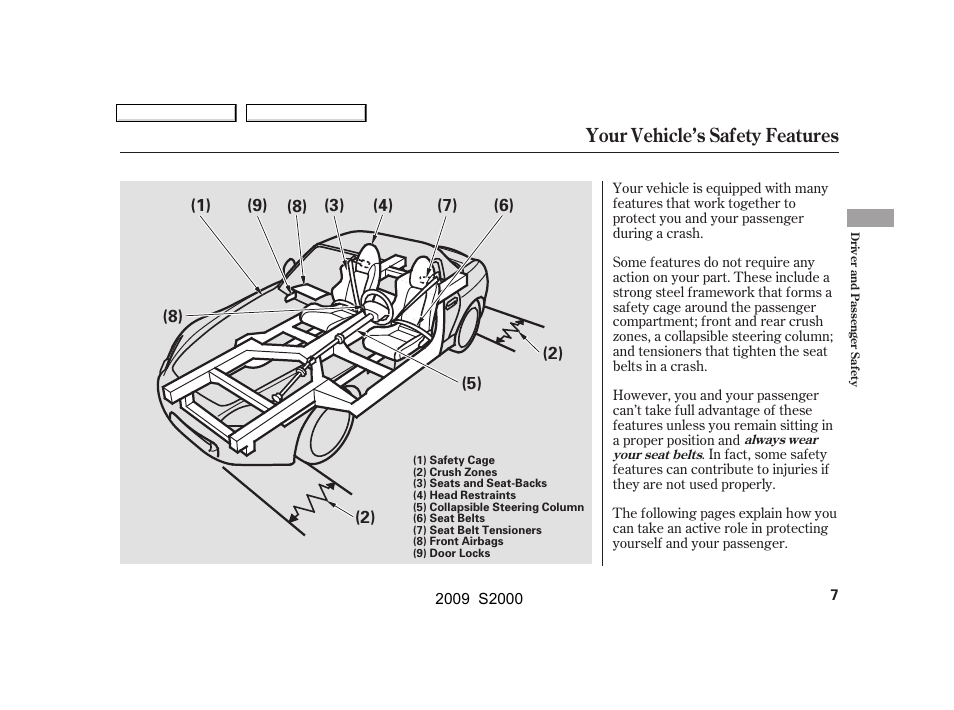 Your vehicle’s safety features | HONDA 2009 S2000 User Manual | Page 10 / 268