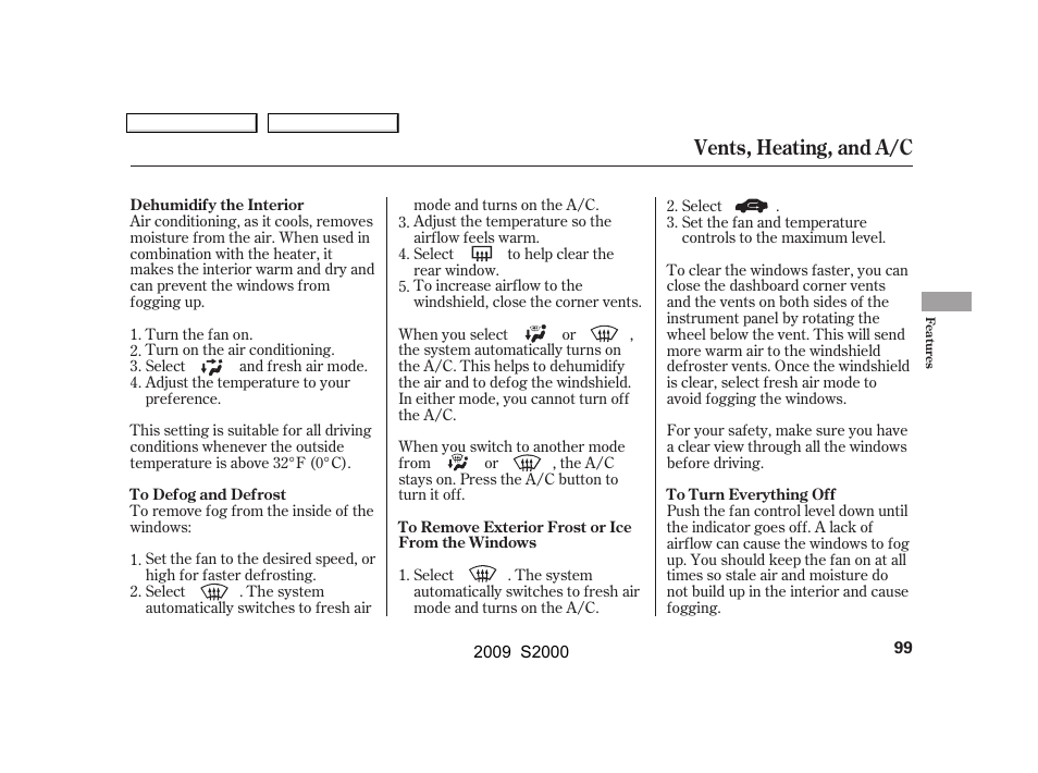 Vents, heating, and a/c | HONDA 2009 S2000 User Manual | Page 102 / 268