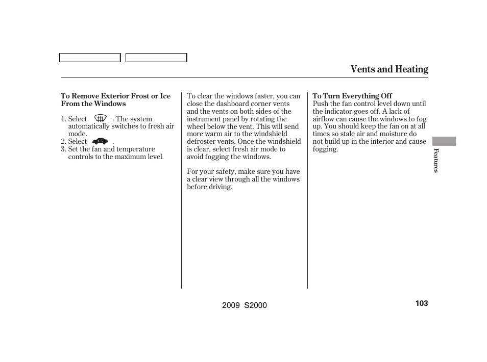 Vents and heating | HONDA 2009 S2000 User Manual | Page 106 / 268