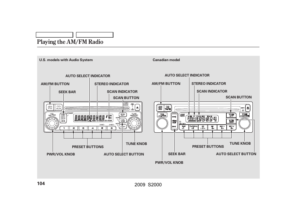 Playing the am/fm radio | HONDA 2009 S2000 User Manual | Page 107 / 268