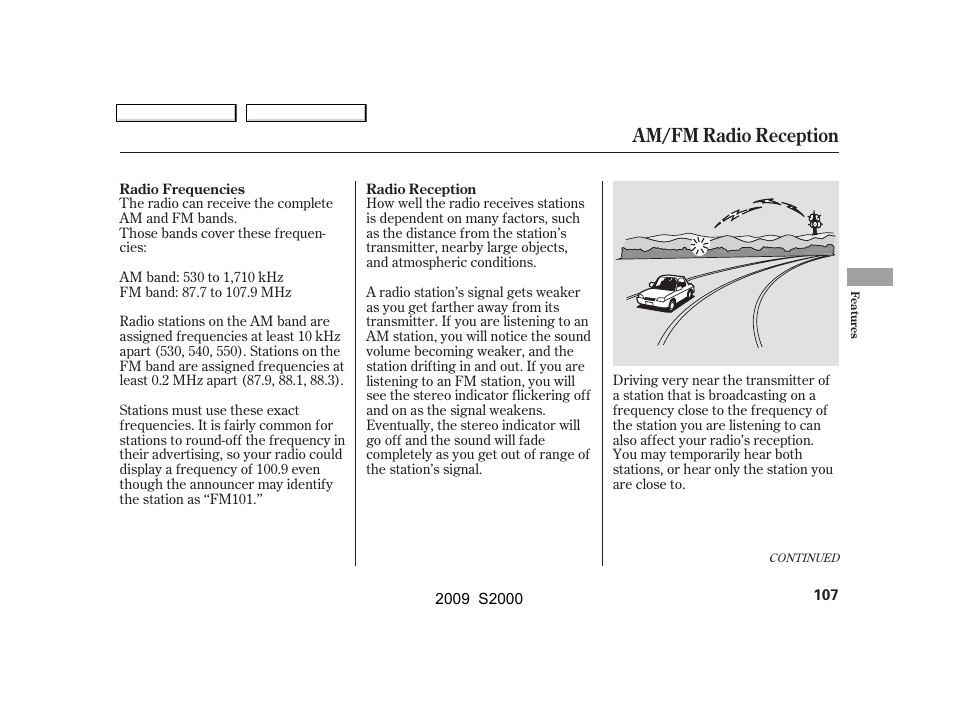 Am/fm radio reception | HONDA 2009 S2000 User Manual | Page 110 / 268