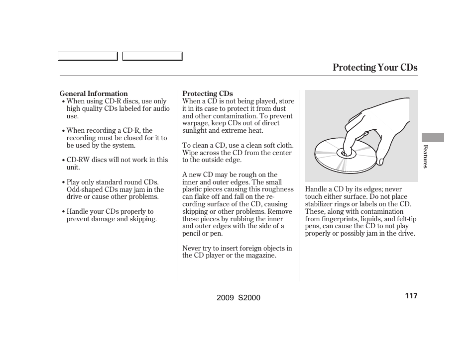 Protecting your cds | HONDA 2009 S2000 User Manual | Page 120 / 268