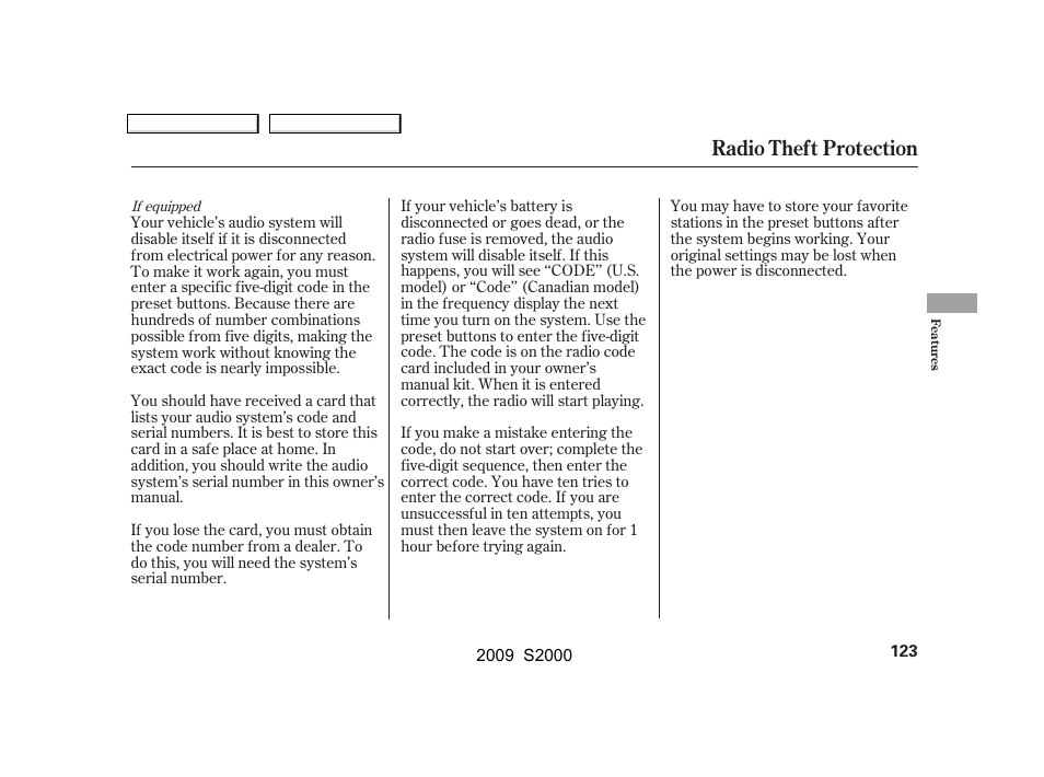 Radio theft protection | HONDA 2009 S2000 User Manual | Page 126 / 268