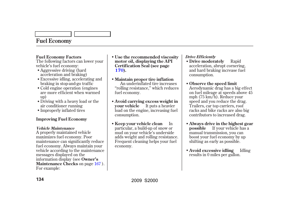 Fuel economy | HONDA 2009 S2000 User Manual | Page 137 / 268