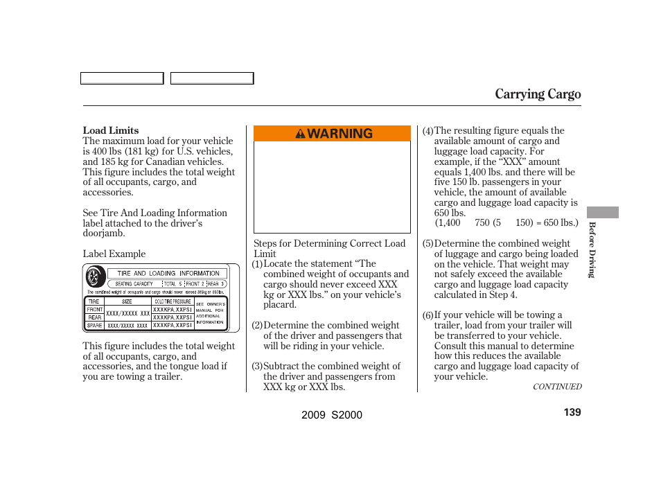 Carrying cargo | HONDA 2009 S2000 User Manual | Page 142 / 268