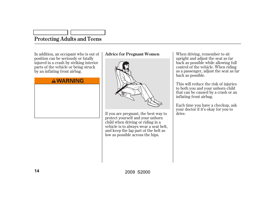 Protecting adults and teens | HONDA 2009 S2000 User Manual | Page 17 / 268