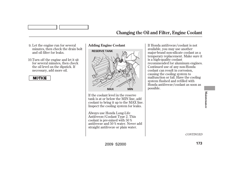 Changing the oil and filter, engine coolant | HONDA 2009 S2000 User Manual | Page 176 / 268