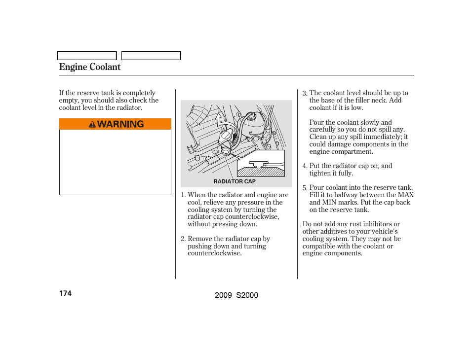 Engine coolant | HONDA 2009 S2000 User Manual | Page 177 / 268