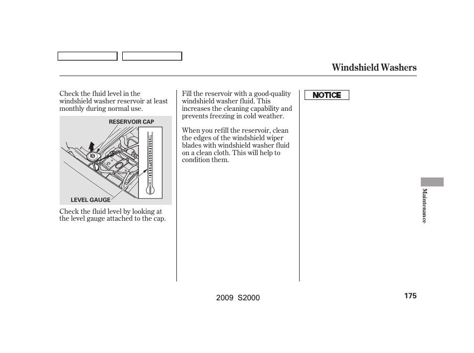 Windshield washers | HONDA 2009 S2000 User Manual | Page 178 / 268