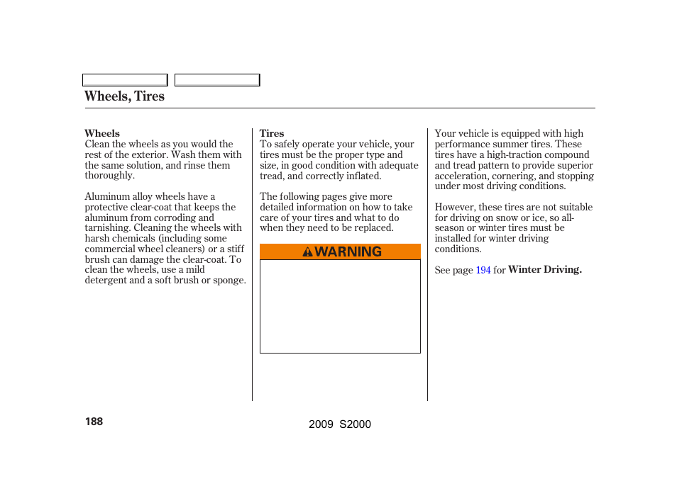 Wheels, tires | HONDA 2009 S2000 User Manual | Page 191 / 268