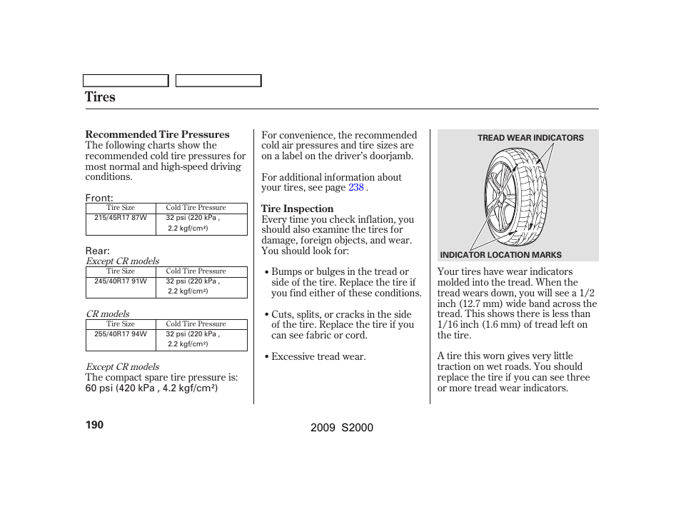 Tires | HONDA 2009 S2000 User Manual | Page 193 / 268