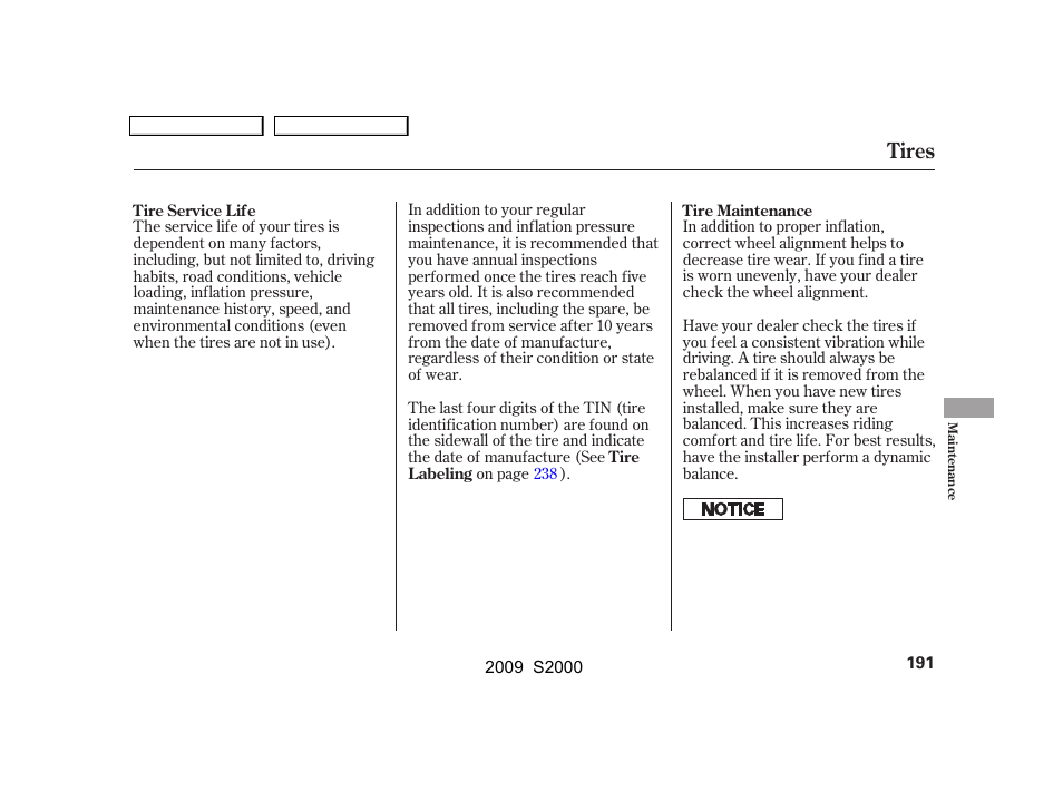 Tires | HONDA 2009 S2000 User Manual | Page 194 / 268