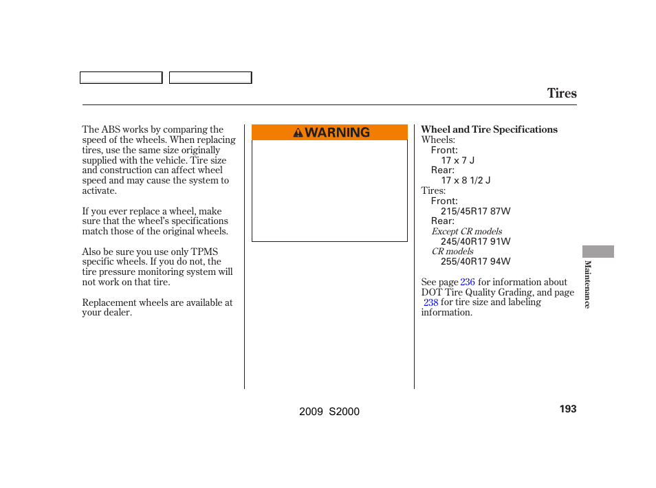 Tires | HONDA 2009 S2000 User Manual | Page 196 / 268