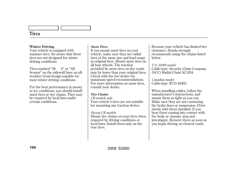 Tires | HONDA 2009 S2000 User Manual | Page 197 / 268