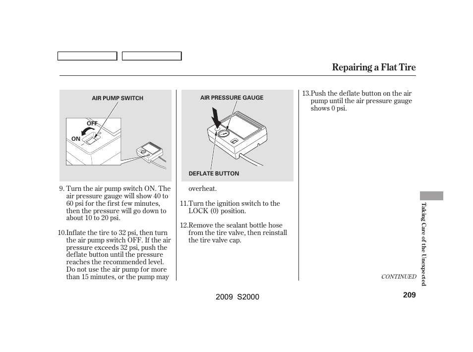 Repairing a flat tire | HONDA 2009 S2000 User Manual | Page 212 / 268