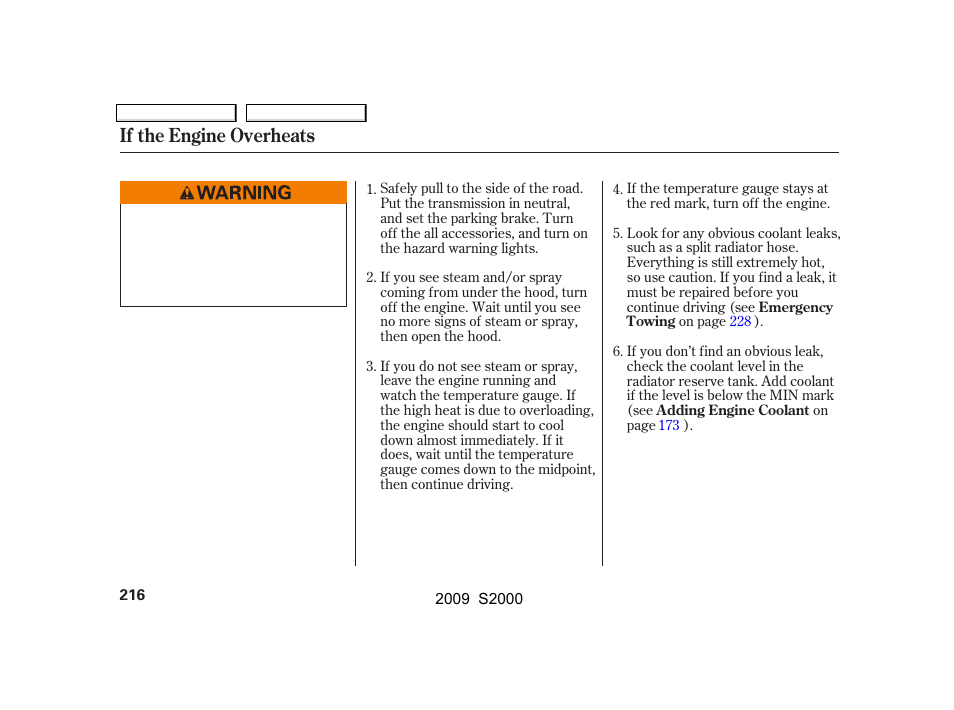 If the engine overheats | HONDA 2009 S2000 User Manual | Page 219 / 268