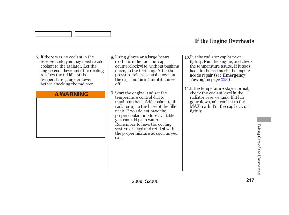 If the engine overheats | HONDA 2009 S2000 User Manual | Page 220 / 268