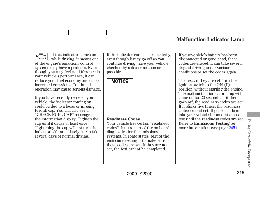 Malfunction indicator lamp | HONDA 2009 S2000 User Manual | Page 222 / 268