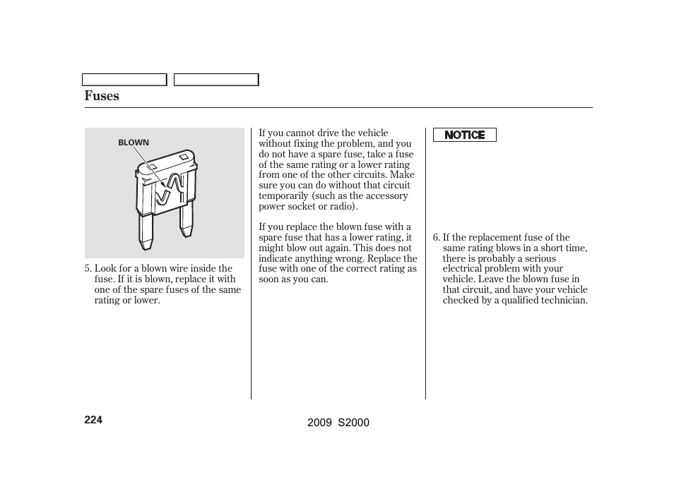 Fuses | HONDA 2009 S2000 User Manual | Page 227 / 268