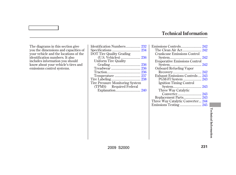 Technical information | HONDA 2009 S2000 User Manual | Page 234 / 268