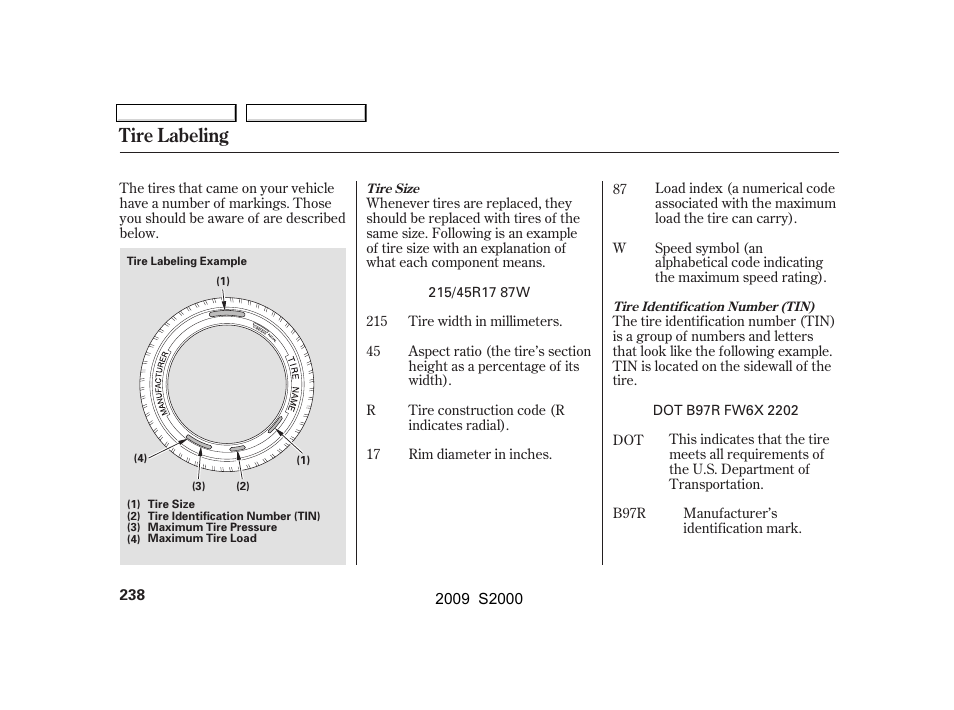 Tire labeling | HONDA 2009 S2000 User Manual | Page 241 / 268