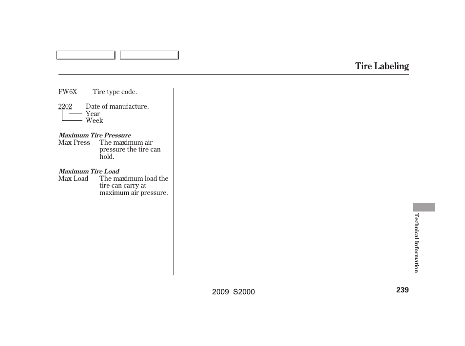 Tire labeling | HONDA 2009 S2000 User Manual | Page 242 / 268