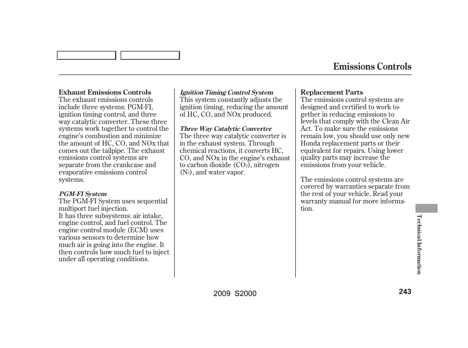 Emissions controls | HONDA 2009 S2000 User Manual | Page 246 / 268