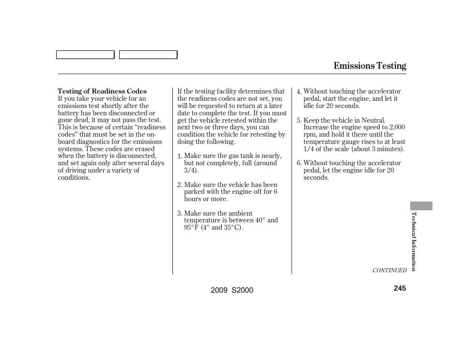 Emissions testing | HONDA 2009 S2000 User Manual | Page 248 / 268