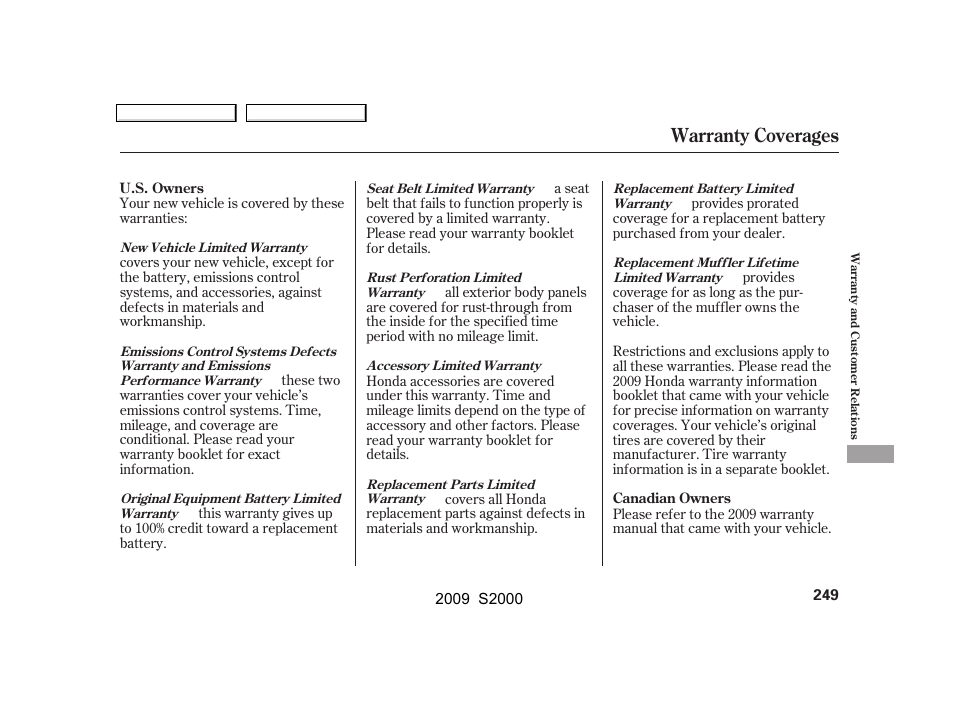 Warranty coverages | HONDA 2009 S2000 User Manual | Page 252 / 268