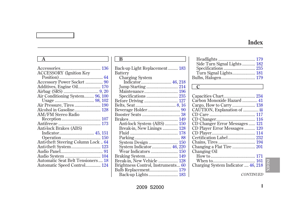 Index | HONDA 2009 S2000 User Manual | Page 256 / 268