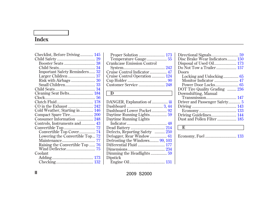 Index | HONDA 2009 S2000 User Manual | Page 257 / 268