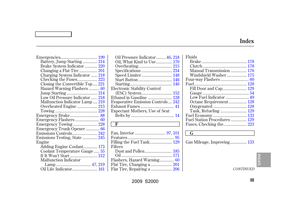 Index | HONDA 2009 S2000 User Manual | Page 258 / 268