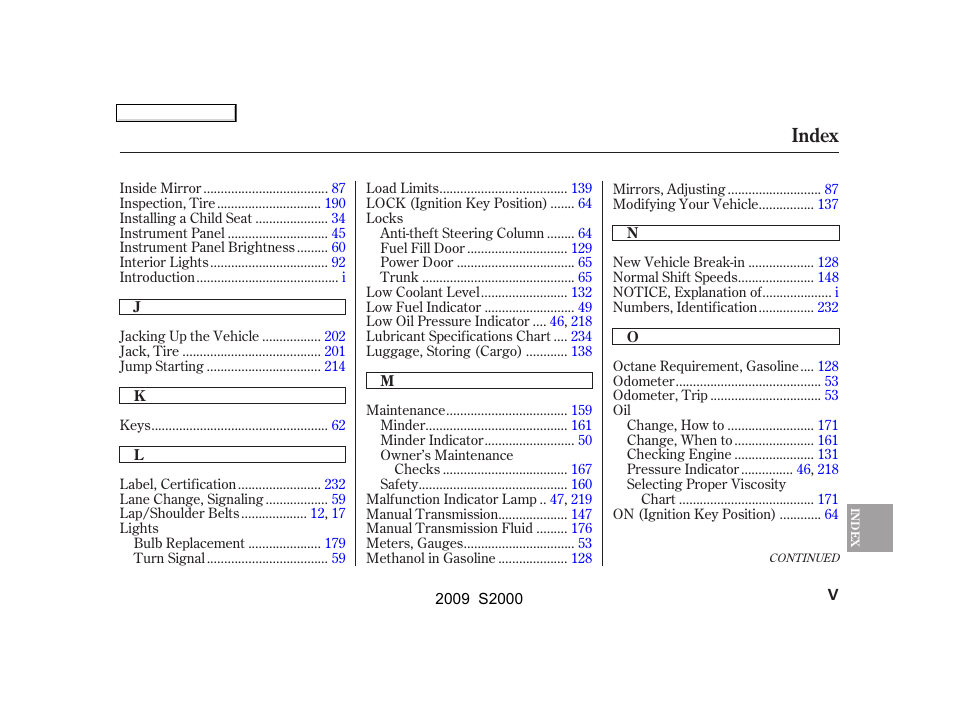 Index | HONDA 2009 S2000 User Manual | Page 260 / 268