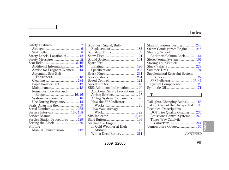 Index | HONDA 2009 S2000 User Manual | Page 262 / 268