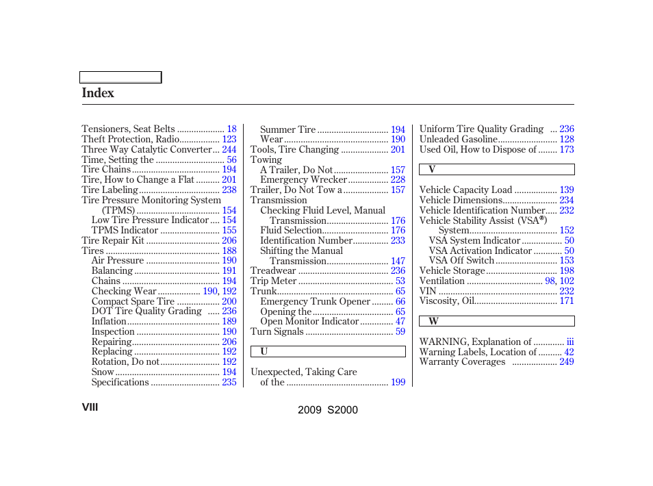 Index | HONDA 2009 S2000 User Manual | Page 263 / 268