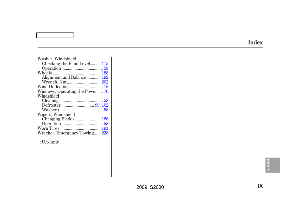 Index | HONDA 2009 S2000 User Manual | Page 264 / 268