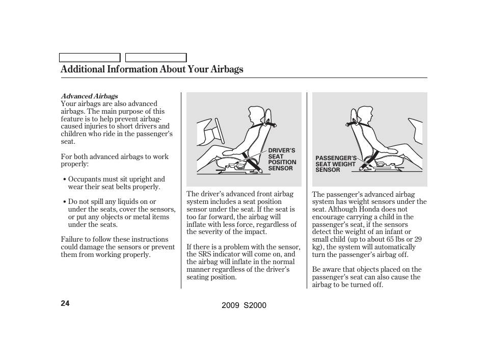 Additional information about your airbags | HONDA 2009 S2000 User Manual | Page 27 / 268