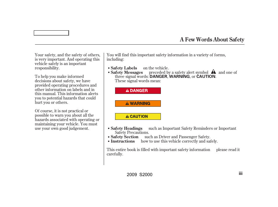 A few words about safety | HONDA 2009 S2000 User Manual | Page 3 / 268