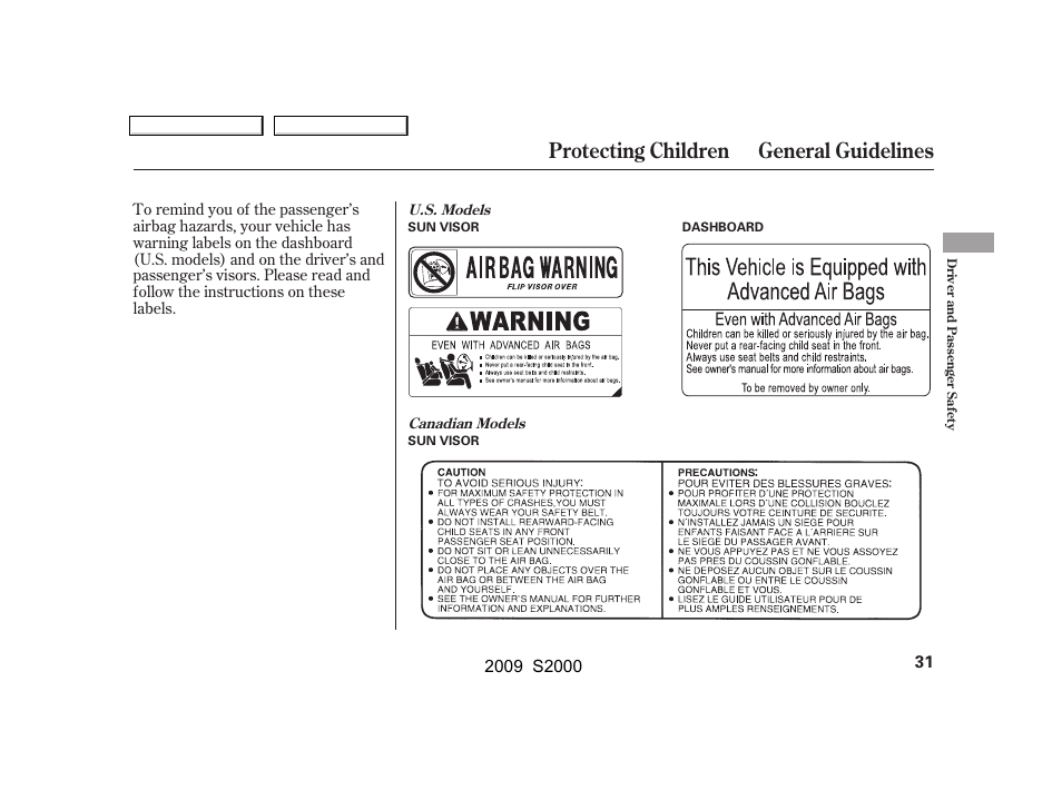 Protecting children general guidelines | HONDA 2009 S2000 User Manual | Page 34 / 268