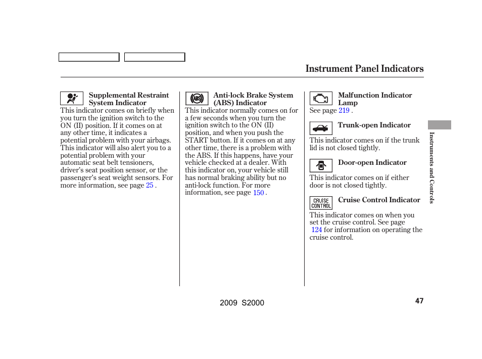 Instrument panel indicators | HONDA 2009 S2000 User Manual | Page 50 / 268