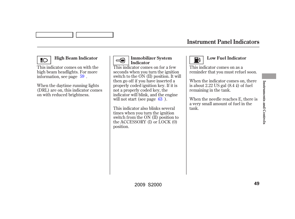 Instrument panel indicators | HONDA 2009 S2000 User Manual | Page 52 / 268