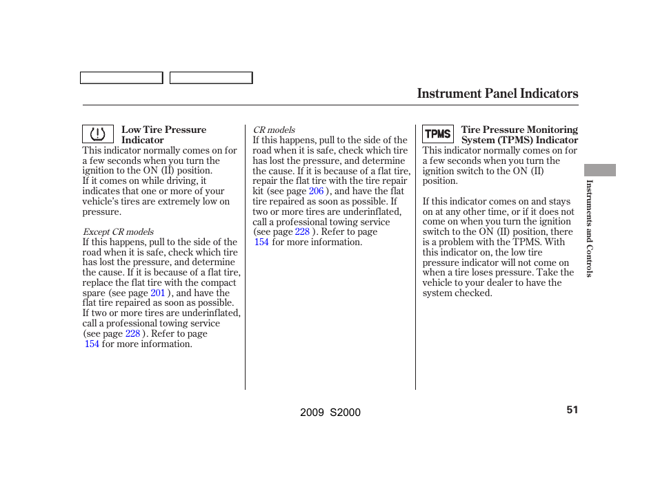 Instrument panel indicators | HONDA 2009 S2000 User Manual | Page 54 / 268