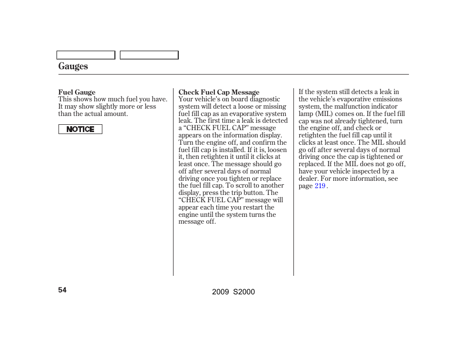 Gauges | HONDA 2009 S2000 User Manual | Page 57 / 268