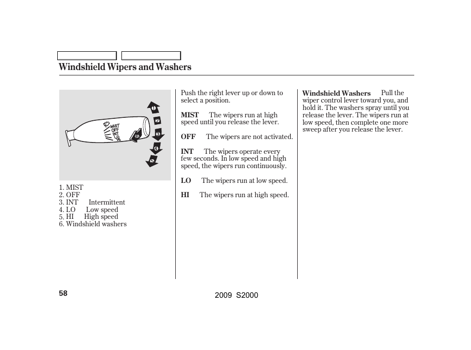 Windshield wipers and washers | HONDA 2009 S2000 User Manual | Page 61 / 268