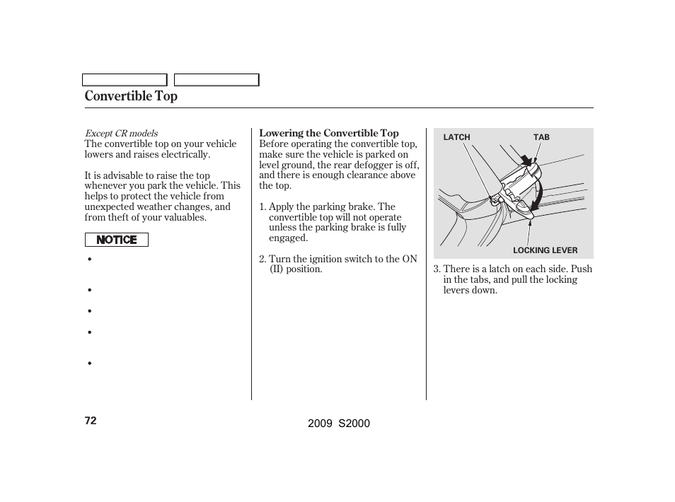 Convertible top | HONDA 2009 S2000 User Manual | Page 75 / 268